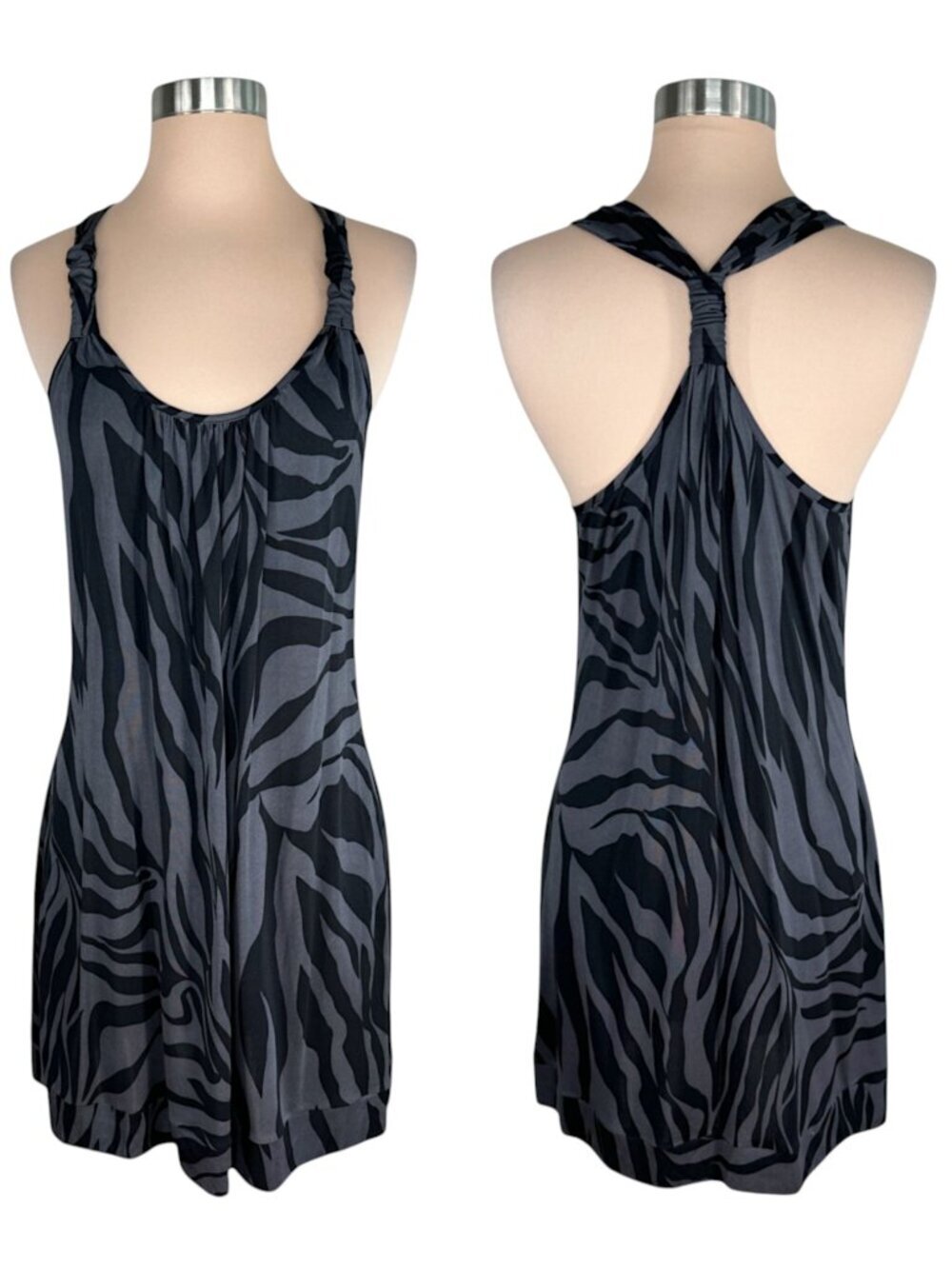 Flora Kung Vintage Black Gray Animal Print Silk Jersey Racerback Tank Dress 8